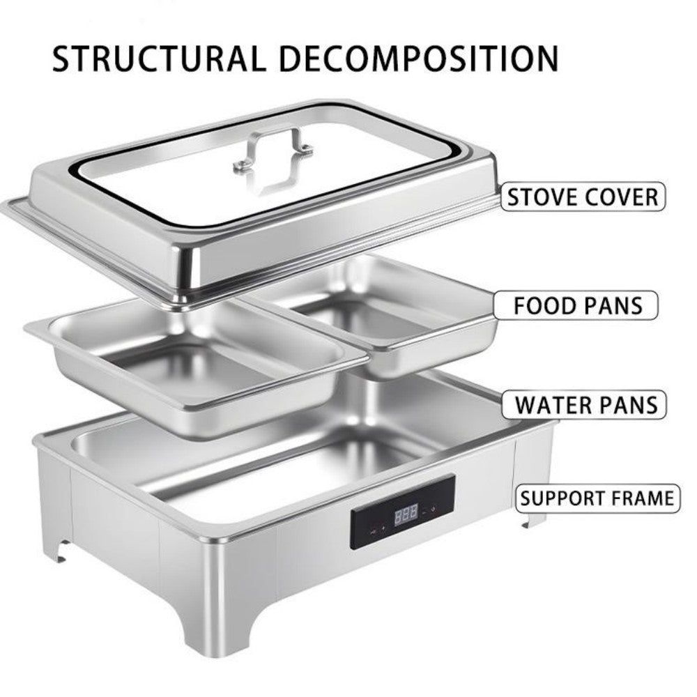 TH-5002 9L Two-Pans Electric Heater Buffet Stove, Square Stainless Steel Set with Visual Glass, Touch Temperature Control & Display