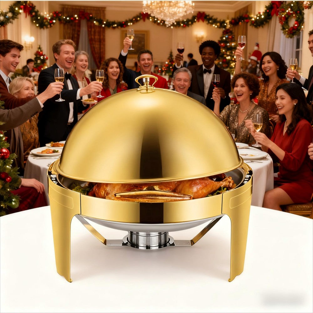 CDH-32 6L Round Stainless Steel Chafing Dish Buffet Stove, Alcohol-Heating Food Warmer (Fuel Not Included), Gold Color, Large Capacity & Long Heat Preservation