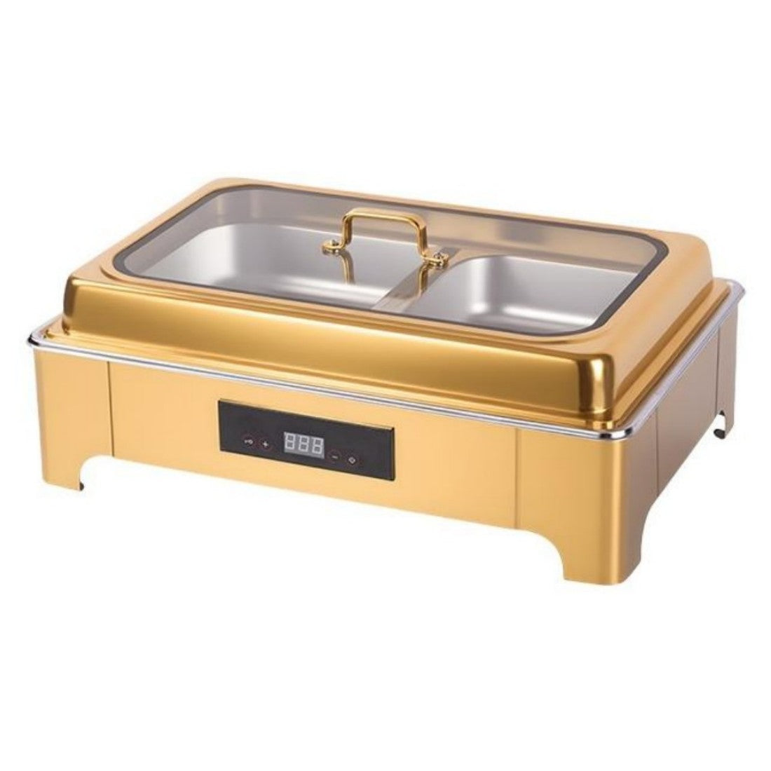 TH-5004 9L Two-Pans Electric Heater Buffet Stove, Square Stainless Steel Set with Visual Glass Lid, Gold Color, Touch Temperature Control & Digital Display