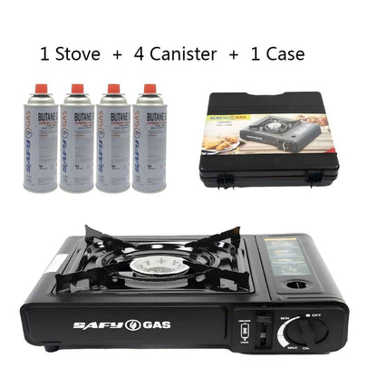 Portable Camping Gas Stove with Piezo-Electric Ignition, Safety Locking Mechanism, Adjustable Flame Control, 4 Butane Gas Canisters, Enamel Coated Pot Holder, and Storage Case