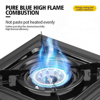 Portable Camping Gas Stove with Piezo-Electric Ignition, Safety Locking Mechanism, Adjustable Flame Control, 4 Butane Gas Canisters, Enamel Coated Pot Holder, and Storage Case