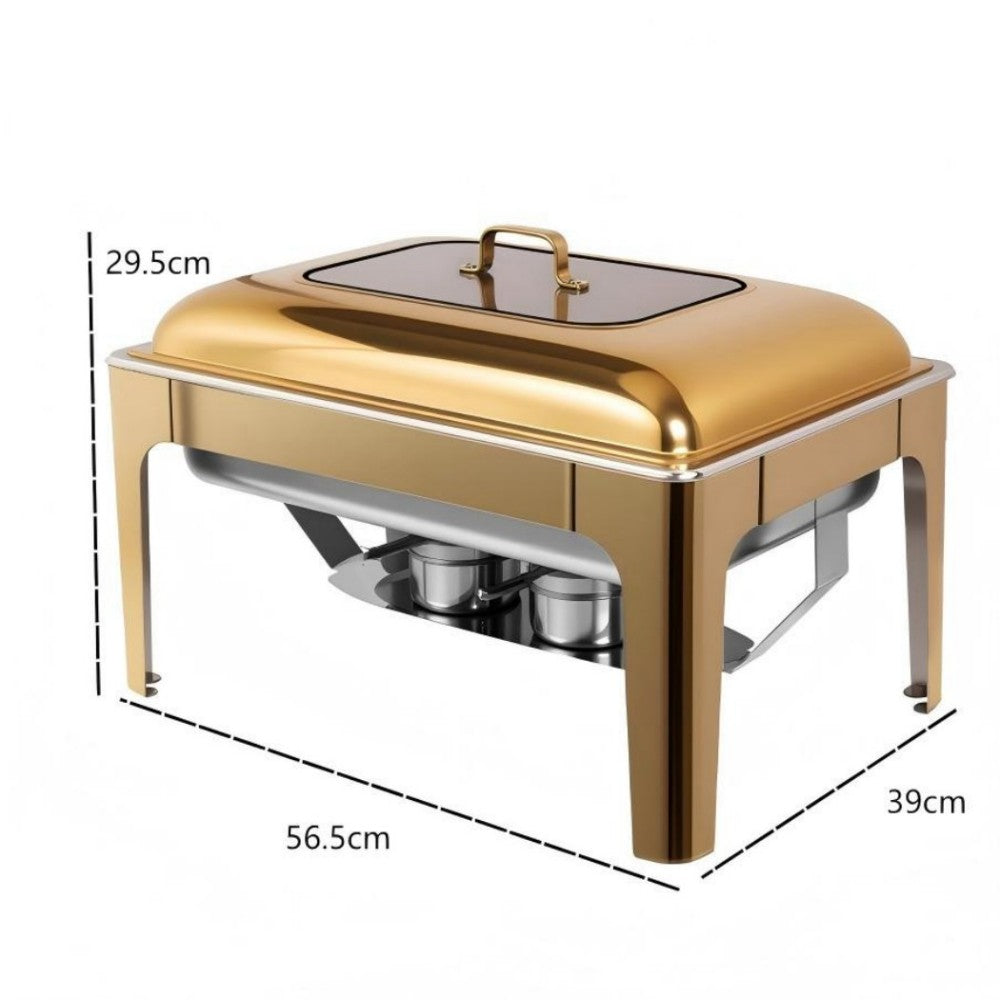 9L Two-Pan Square Stainless Steel Chafing Dish Buffet Stove CDH-36, Gold Color, Alcohol-Heating Food Warmer (Without Alcohol), Dual-Pan Catering Equipment for Events & Banquets