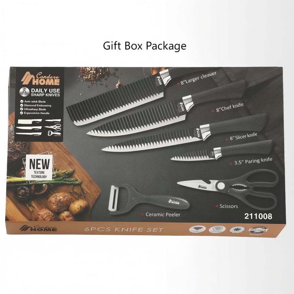 CONDERE HOME 6 PCS Kitchen Knife Set | Larger Cleaver, Chef Knife, Slicer Knife, Paring Knife, Ceramic Peeler, Scissors | 3CR13 Stainless Steel