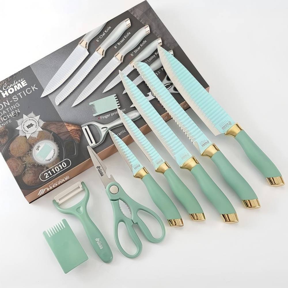 CONDERE HOME 8 PCS Knife Set | Chef, Bread, Slicer, Utility, Paring Knife, Ceramic Peeler, Scissors, Finger Protector 3CR13 Stainless Steel