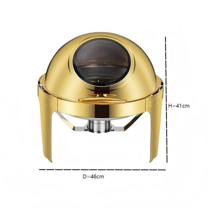 6L Round Chafing Dish Buffet Stove CDH-38, Gold Color, Alcohol-Heating Food Warmer with Visual Glass Lid (Without Alcohol), Stainless Steel Catering Equipment