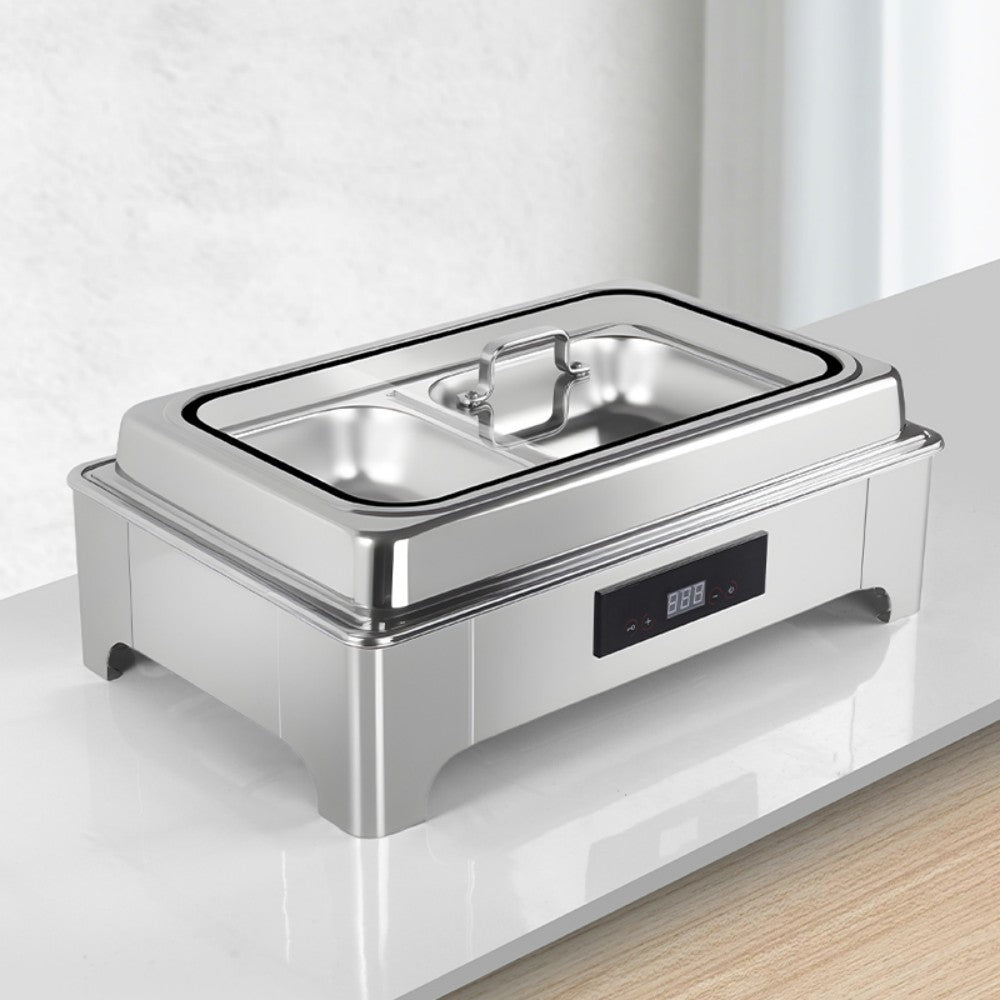 TH-5002 9L Two-Pans Electric Heater Buffet Stove, Square Stainless Steel Set with Visual Glass, Touch Temperature Control & Display