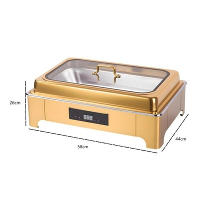 TH-5003 9L One-Pan Electric Heater Buffet Stove, Square Stainless Steel Set with Visual Glass Lid, Touch Temperature Control & Digital Display, Hot Water Heating System for Longer Freshness