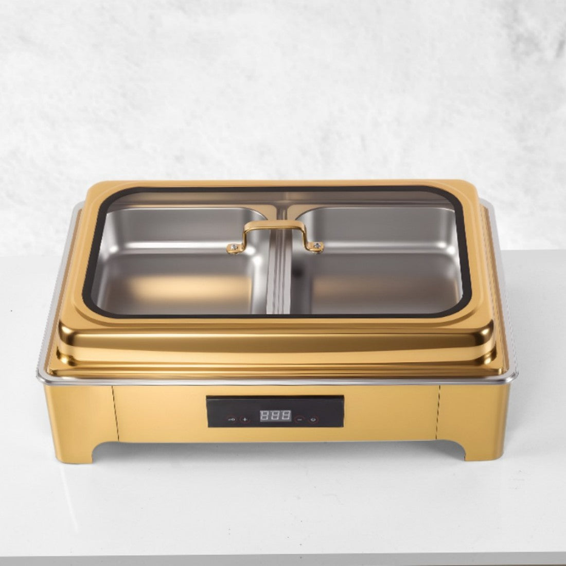 TH-5004 9L Two-Pans Electric Heater Buffet Stove, Square Stainless Steel Set with Visual Glass Lid, Gold Color, Touch Temperature Control & Digital Display