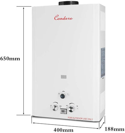 Condere 16L LPG Tankless Water Heater, Outdoor Propane Gas Heater with LED Display, Flame Failure & Overheat Protection – LQ-4016(HB), Ideal for Family Use