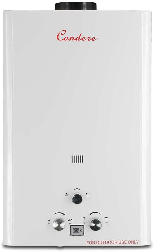 Condere LPG Tankless Water Heater Gas 20L, Outdoor Propane Water Heater with LED Display, Flame Failure & Overheat Protection – LQ-4020(HB), Ideal for Family Use.
