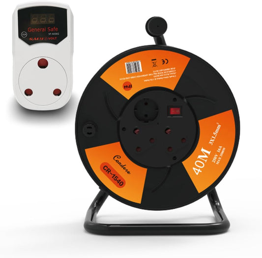 40m Copper Extension Cord Reel with Voltage Protector – Electrical Cord Storage Reel with Fireproof Shell, 3500W Power Capacity, 3-Port Extension Cord Holder with Key Switch and Child Protection