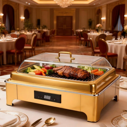 TH-5003 9L One-Pan Electric Heater Buffet Stove, Square Stainless Steel Set with Visual Glass Lid, Touch Temperature Control & Digital Display, Hot Water Heating System for Longer Freshness