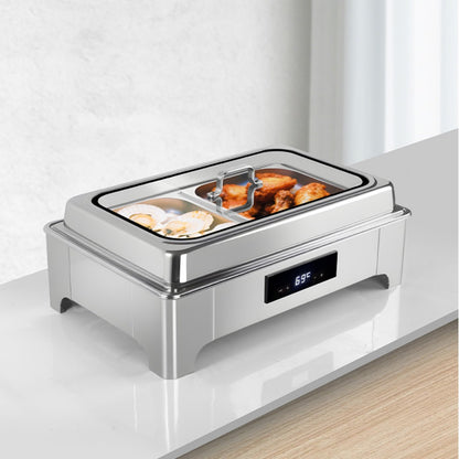 TH-5002 9L Two-Pans Electric Heater Buffet Stove, Square Stainless Steel Set with Visual Glass, Touch Temperature Control & Display