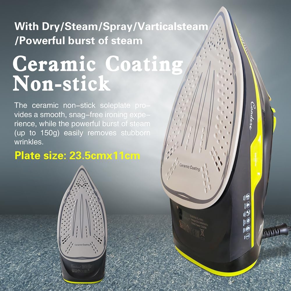 CONDERE Steam Iron for Clothes 2200W - Ceramic Non-Stick Plate, 360ml Water Tank, Thermostatic Control with Self-Clean & Anti-Drip Features, Compact & Portable Iron for Travel