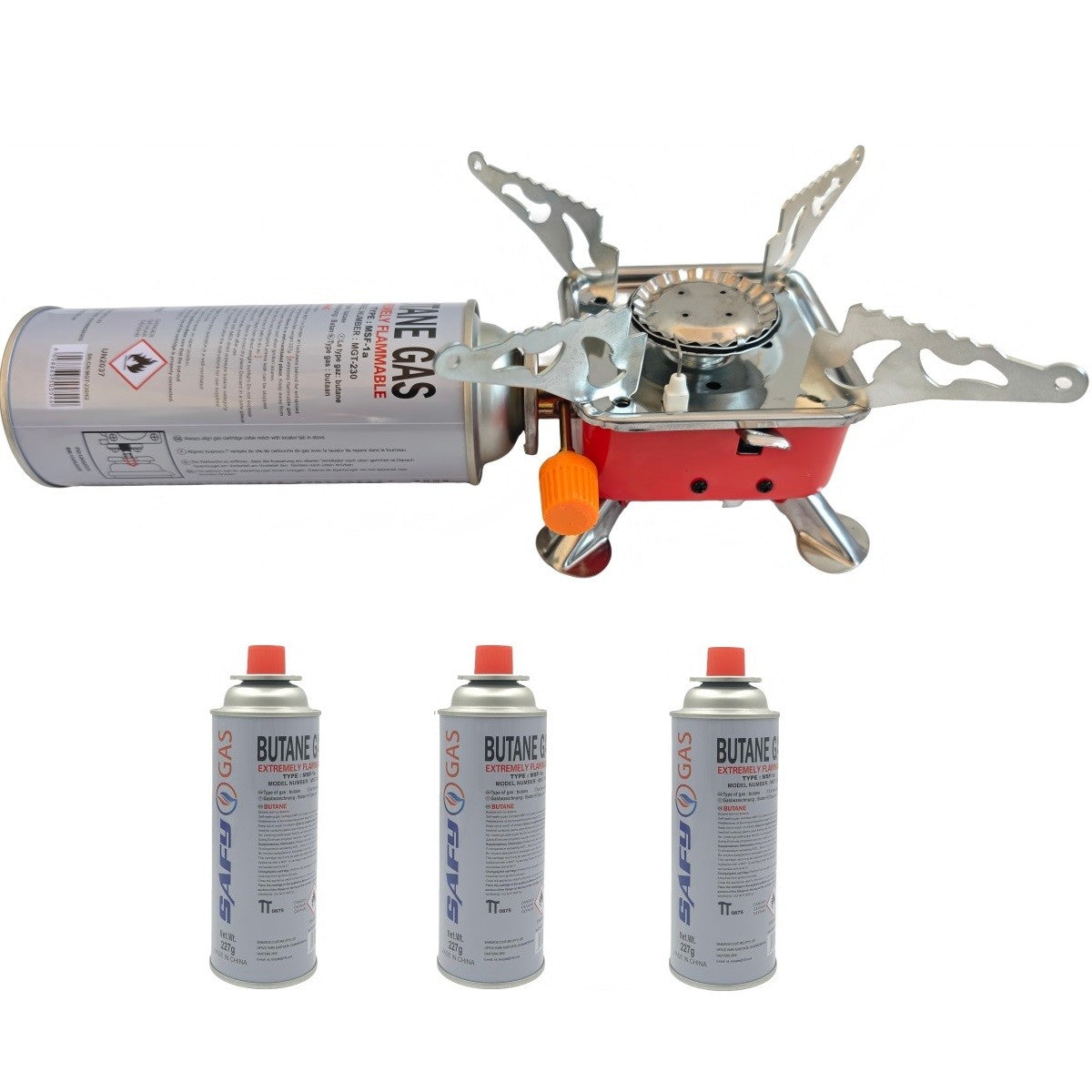 BDZ-001A Portable Camping Stove with Piezo Ignition & Safety Lock – Small Butane Gas Stove with Adjustable Flame, Carry Case & 4 × 227g Gas Canisters