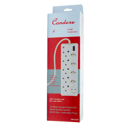10-Way Surge Protector Power Strip with socket-outlets, 16A Non-Rewirable Red Plug, 450J Surge Protection, IEC Certified, Fire-Resistant, Multi-Outlet Extender with 0.5m Cable CM-2310
