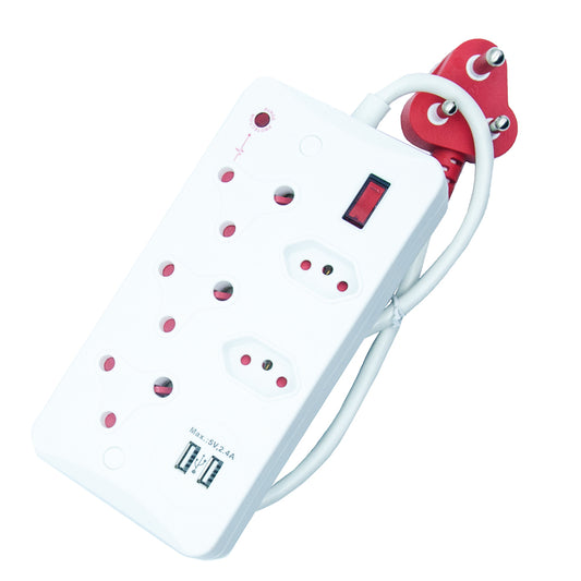 5-Way Surge Protected Power Strip with USB Ports, 16A Non-Rewirable Red Plug, 450J Protection, Fire-Resistant Shell, IEC Certified, 0.5m Cable CM-2405