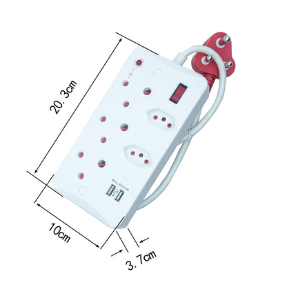 5-Way Surge Protected Power Strip with USB Ports, 16A Non-Rewirable Red Plug, 450J Protection, Fire-Resistant Shell, IEC Certified, 0.5m Cable CM-2405