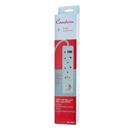 4-Way Multi Surge Protected Socket-outlet Power Strip with 16A Surge Protected Plug, 500J-700J Protection, 4000W Capacity – IEC Certification CM-2604