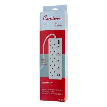 9-Way Multi Socket-outlet with USB Ports and Surge Protection, 16A Surge Protected Plug, 500J-700J Protection, 4000W Capacity – IEC Certification CM-2709
