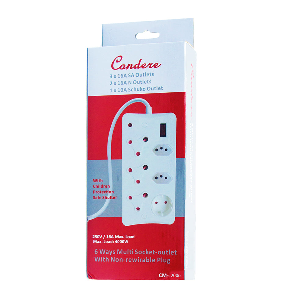 6-Way socket Outlets with Non-Rewirable Plug: Equipped with 1x16A non-rewirable red plug input, providing 3x16A South Africa outlets, 2x16A N outlets, and 1x Schuko outlet for expanded connectivity.