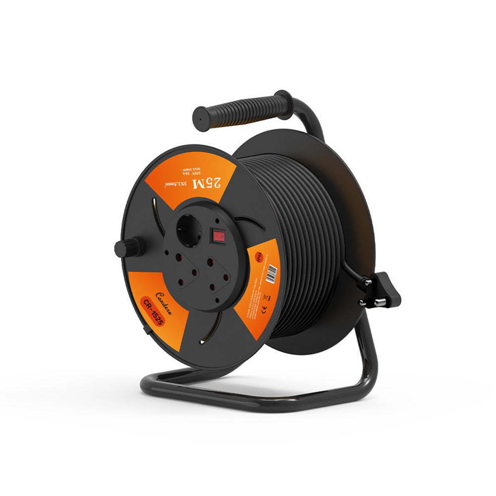 25m Copper Extension Cord Reel – Electrical Cord Storage Reel with Fireproof Shell, 3500W Power Cord Reel, 3-Port Extension Cord Holder with Key Switch and Child Protection