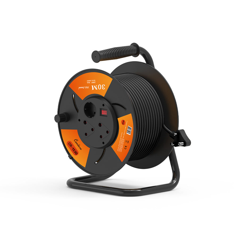 30m Copper Extension Cord Reel – Electrical Cord Storage Reel with Fireproof Shell, 3500W Power Cord Reel, 3-Port Extension Cord Holder with Key Switch and Child Protection