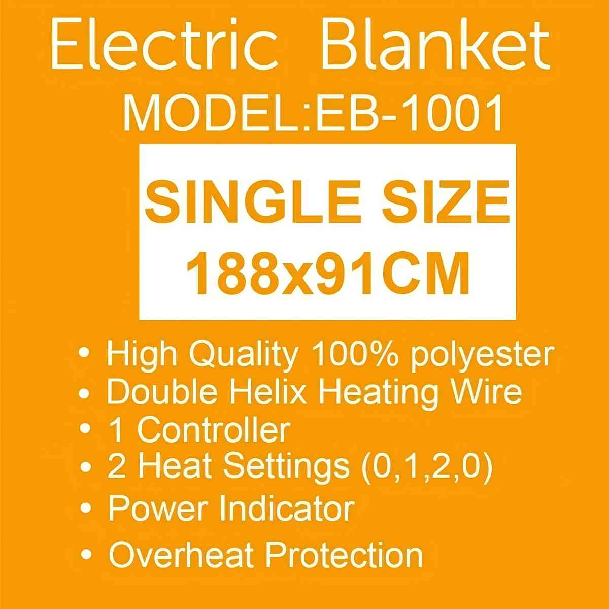 Electric Blanket EB-1001,188x91cm Polyester Heated Blanket, Heating Throw Blanket with Controller for Bed and Sofa Use
