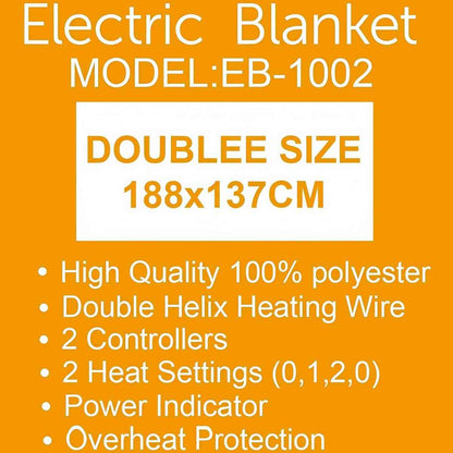 Electric Blanket EB-1002, 188x137cm Heated Blanket with 2 Controllers, Polyester Heating Throw Blanket for Double Use