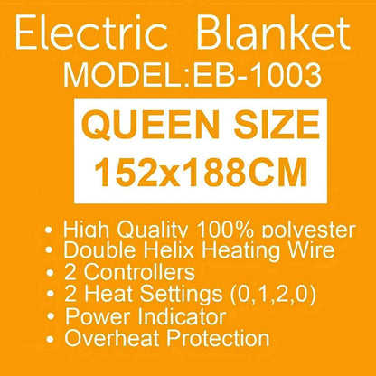Electric Blanket EB-1003, 152x188 Heated Blanket with 2 Controllers, Polyester Heating Blanket Throw