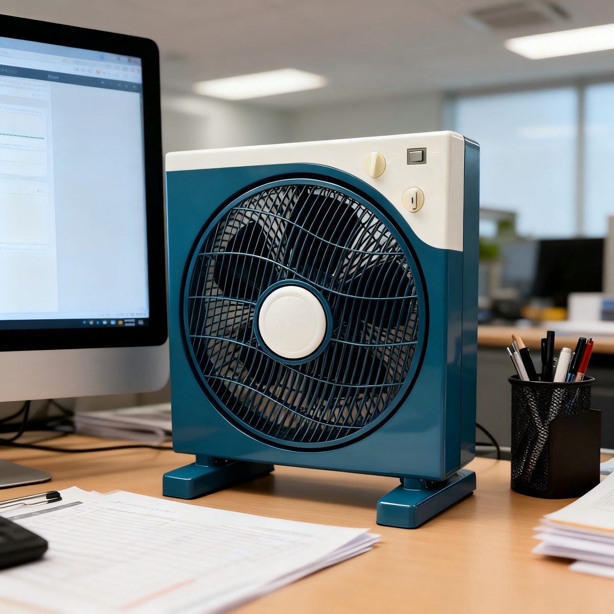 Condere Electric Box Fan FS40-F12 - Powerful Desk Fan with 60-Min Timer, Oscillation, 3 Speeds, and Cool Air Flow for Home, Travel, and Window Use 12"