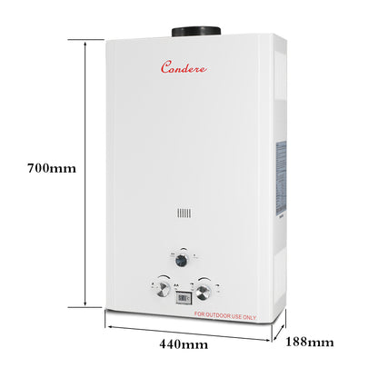 Condere LPG Tankless Water Heater Gas 20L, Outdoor Gas Water Heater with LED Display, Flame Failure & Overheat Protection – LQ-4020(HB), Ideal for Family Use.