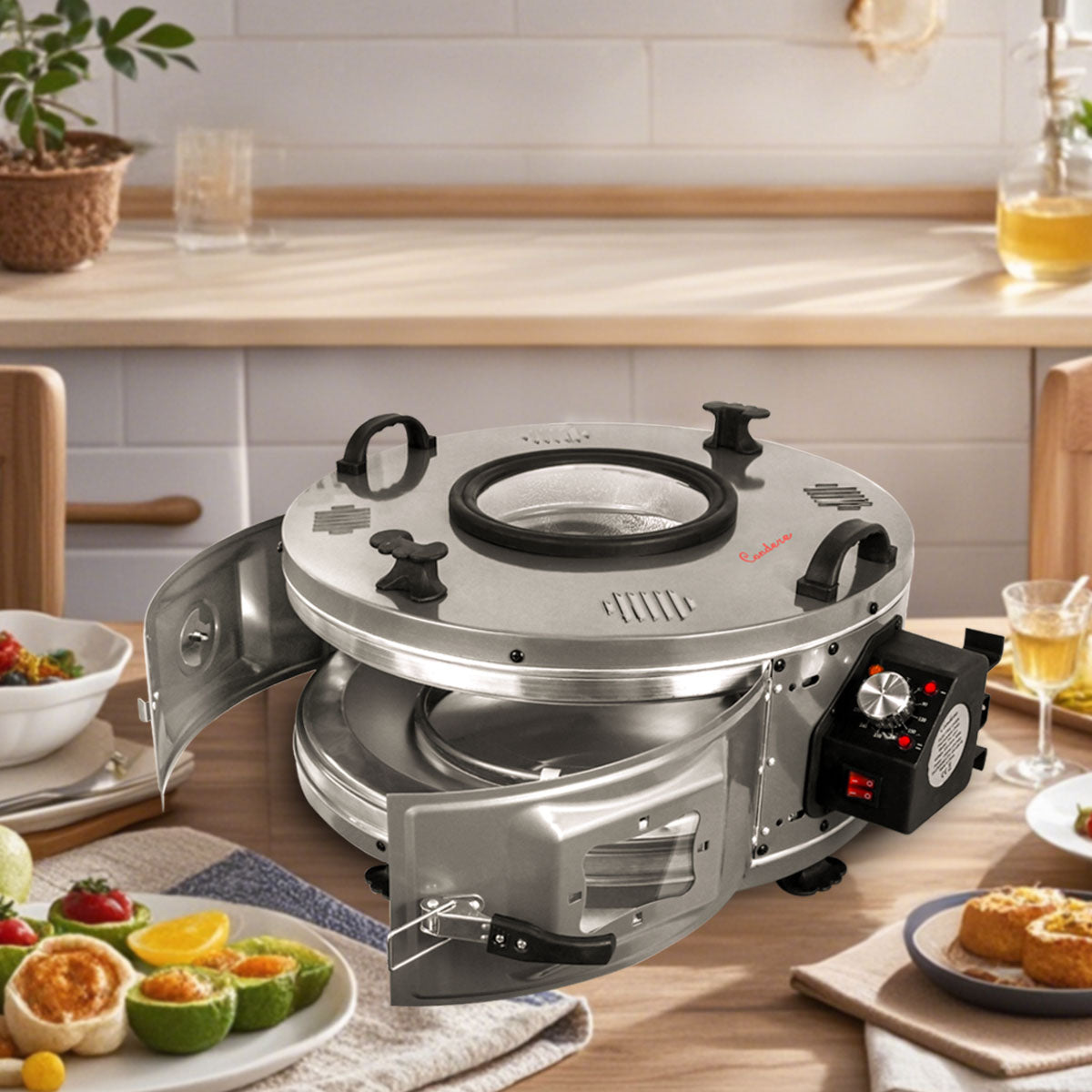 CONDERE Oven, Thermostatic Roaster Oven TH-1241-1500W Electric Roaster Pan with Lid, Adjustable Heat Control, and 3 Deep Trays